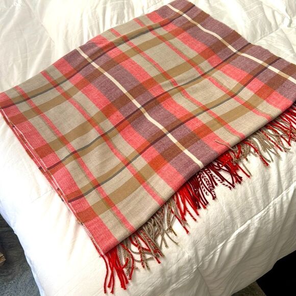 Cashmere and wool blend blanket scarf in Khaki, red and burgundy- EUC! 6.5’x24” - Picture 1 of 4
